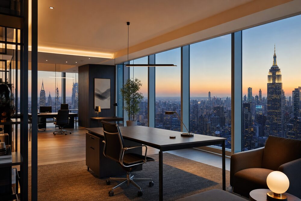 A tidy Manhattan office at dusk
