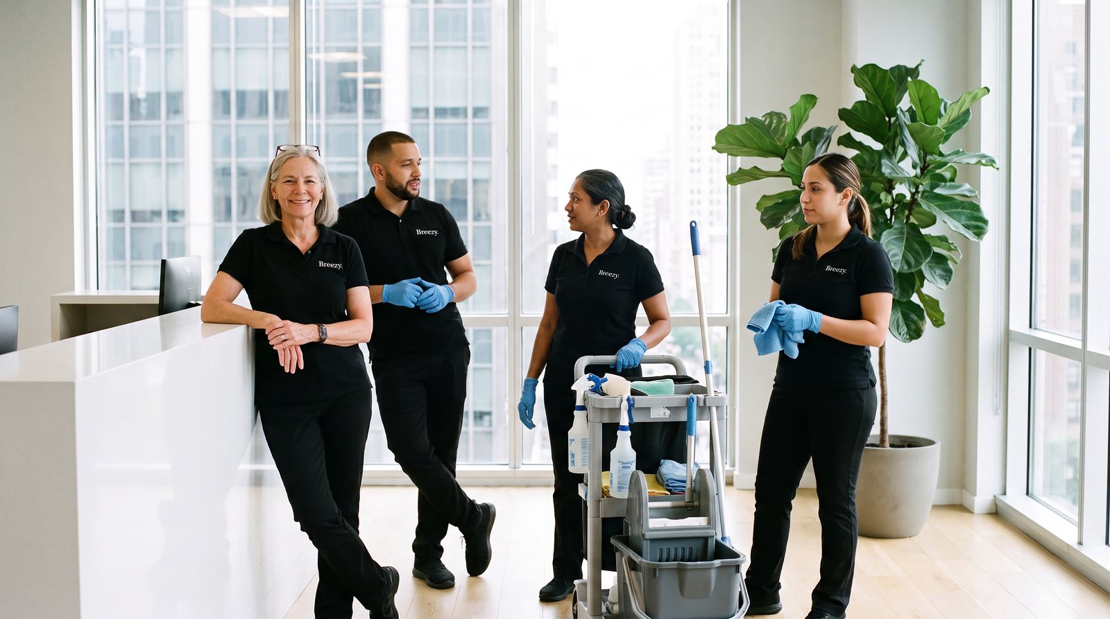 The Breezy crew together in a Manhattan office lobby, four cleaners in black Breezy polos