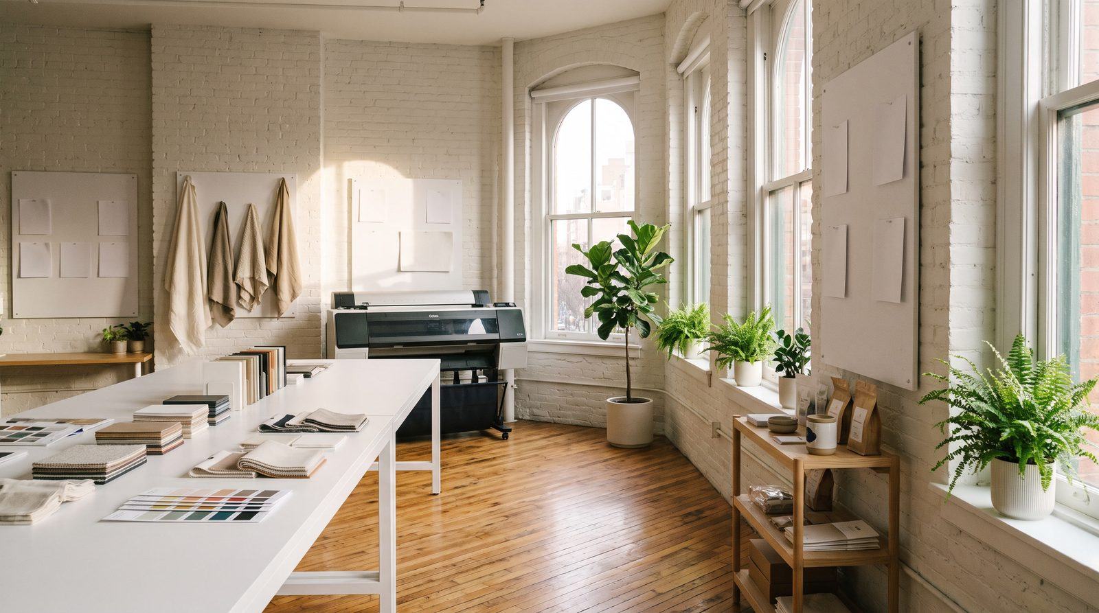A bright SoHo design studio with a white worktable, material samples, and tall windows
