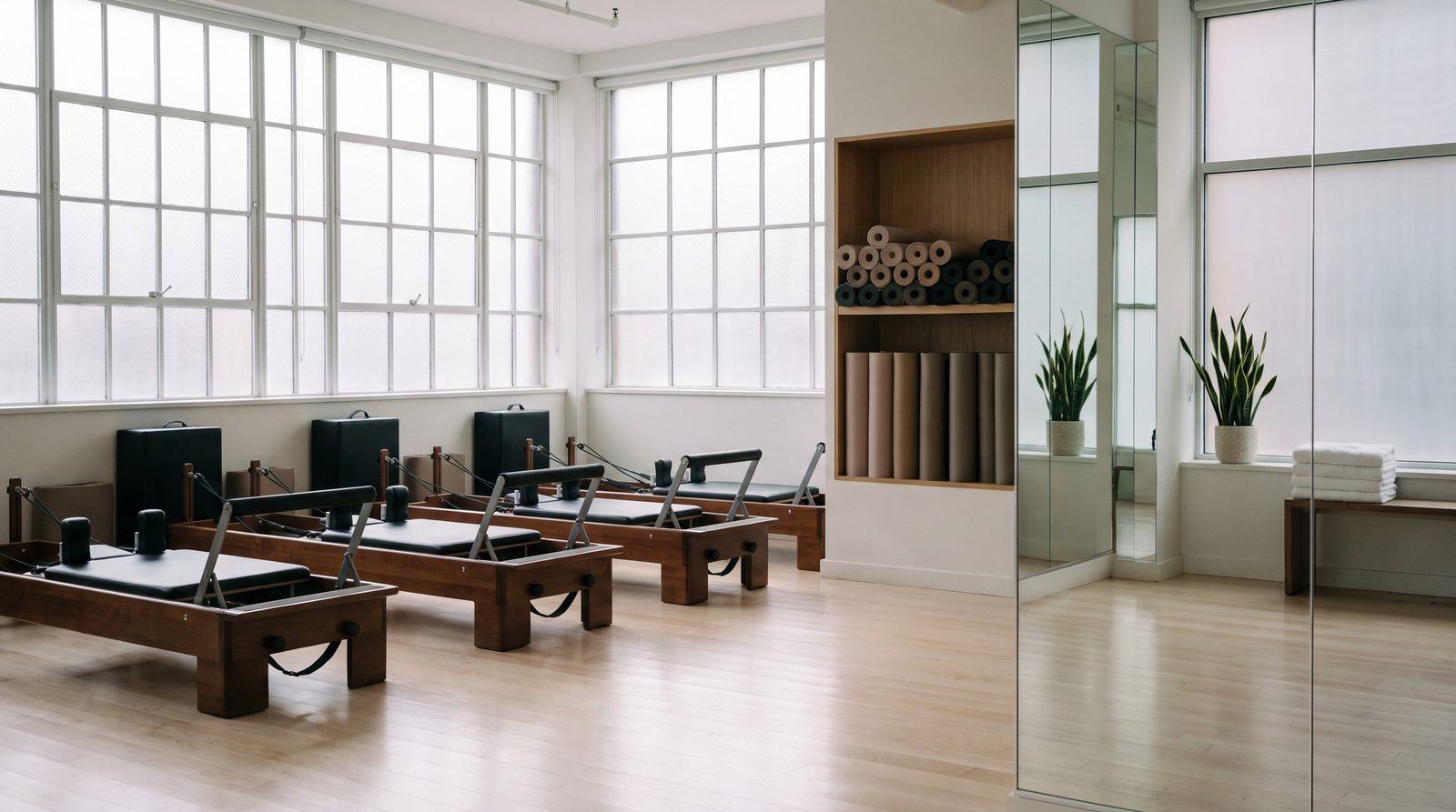 A pilates studio with reformers aligned, a spotless mirror wall, and pale wood floors at dawn