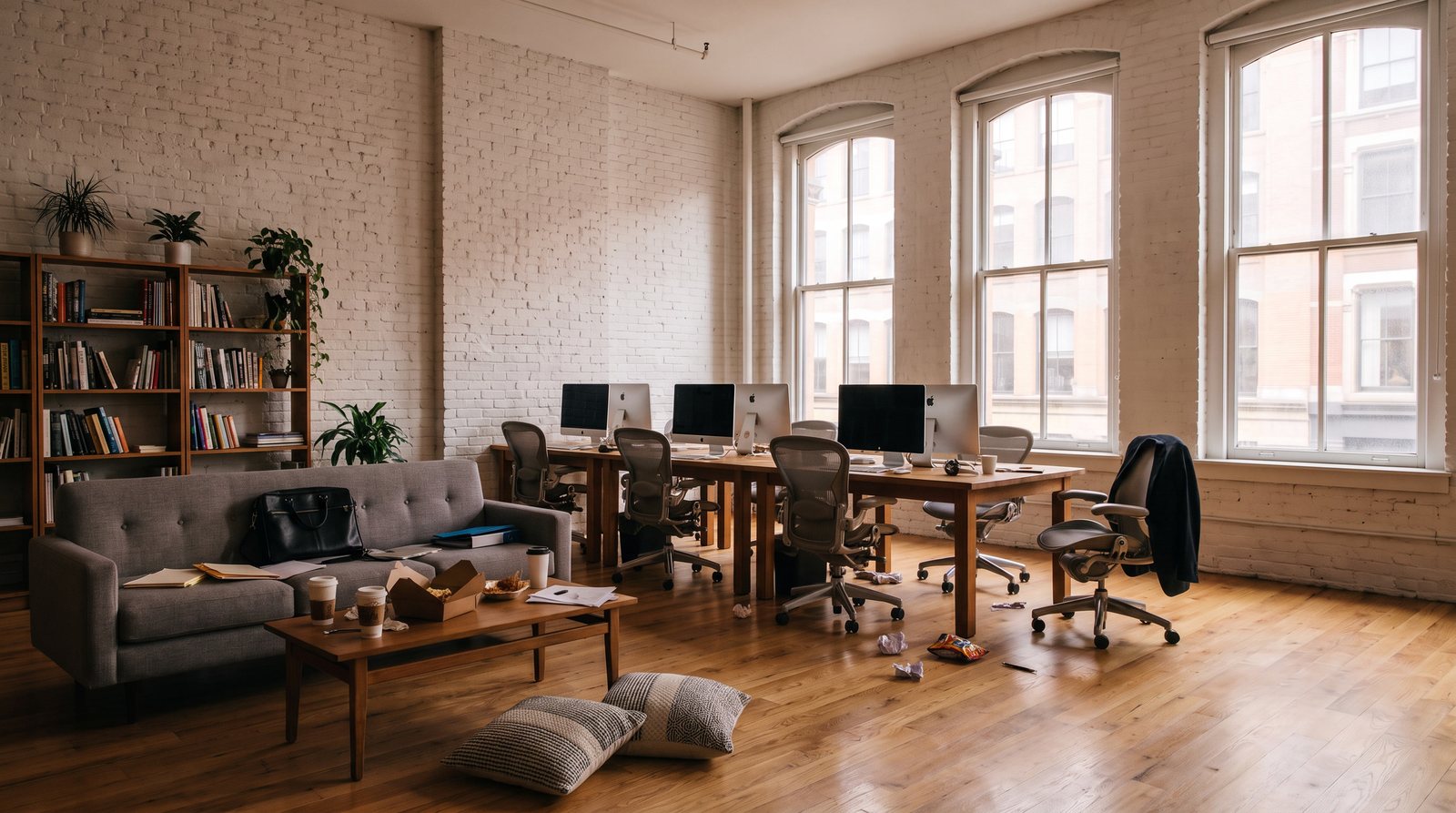 A SoHo creative agency office on Friday evening, pillows on the floor and cups on the coffee table