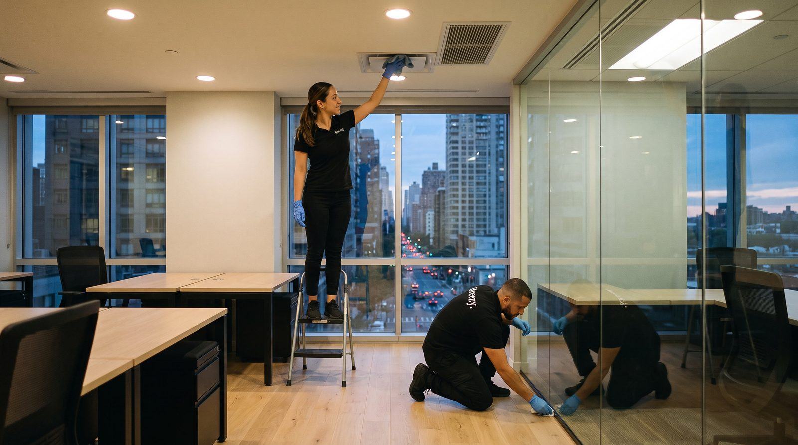 Two Breezy cleaners detailing glass partitions and baseboards in a Manhattan office at dusk