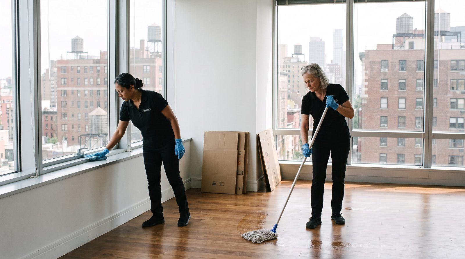 Two Breezy cleaners resetting an empty Manhattan office
