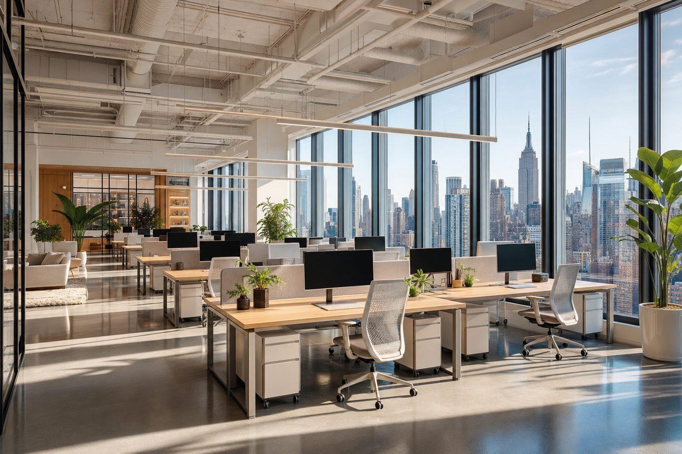 A bright, tidy NYC open-plan office during business hours